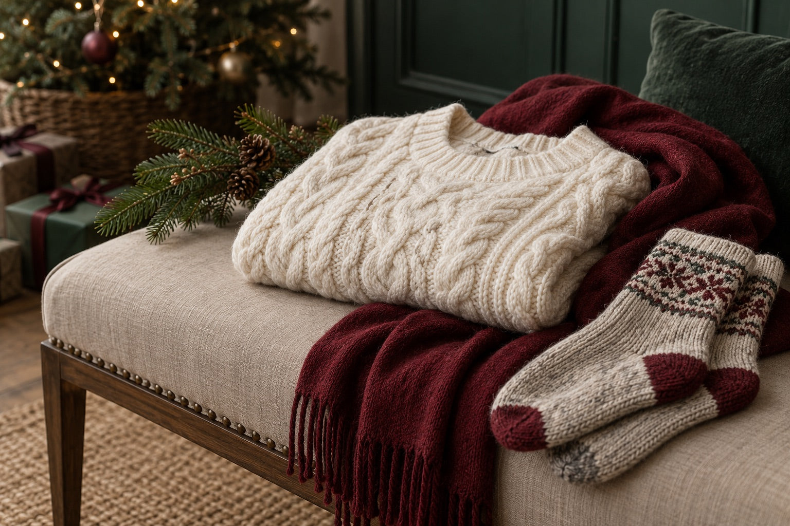 Ivory knitwear and a burgundy scarf on a linen bench