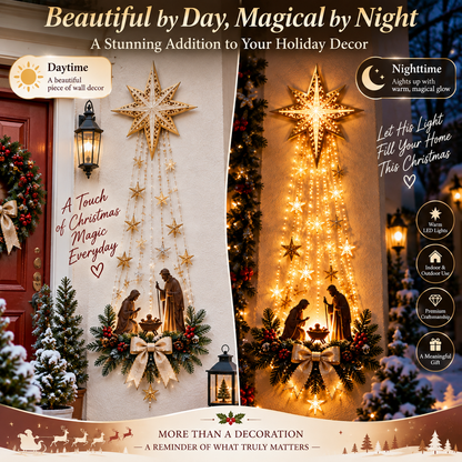Nativity wall decoration illuminated at night