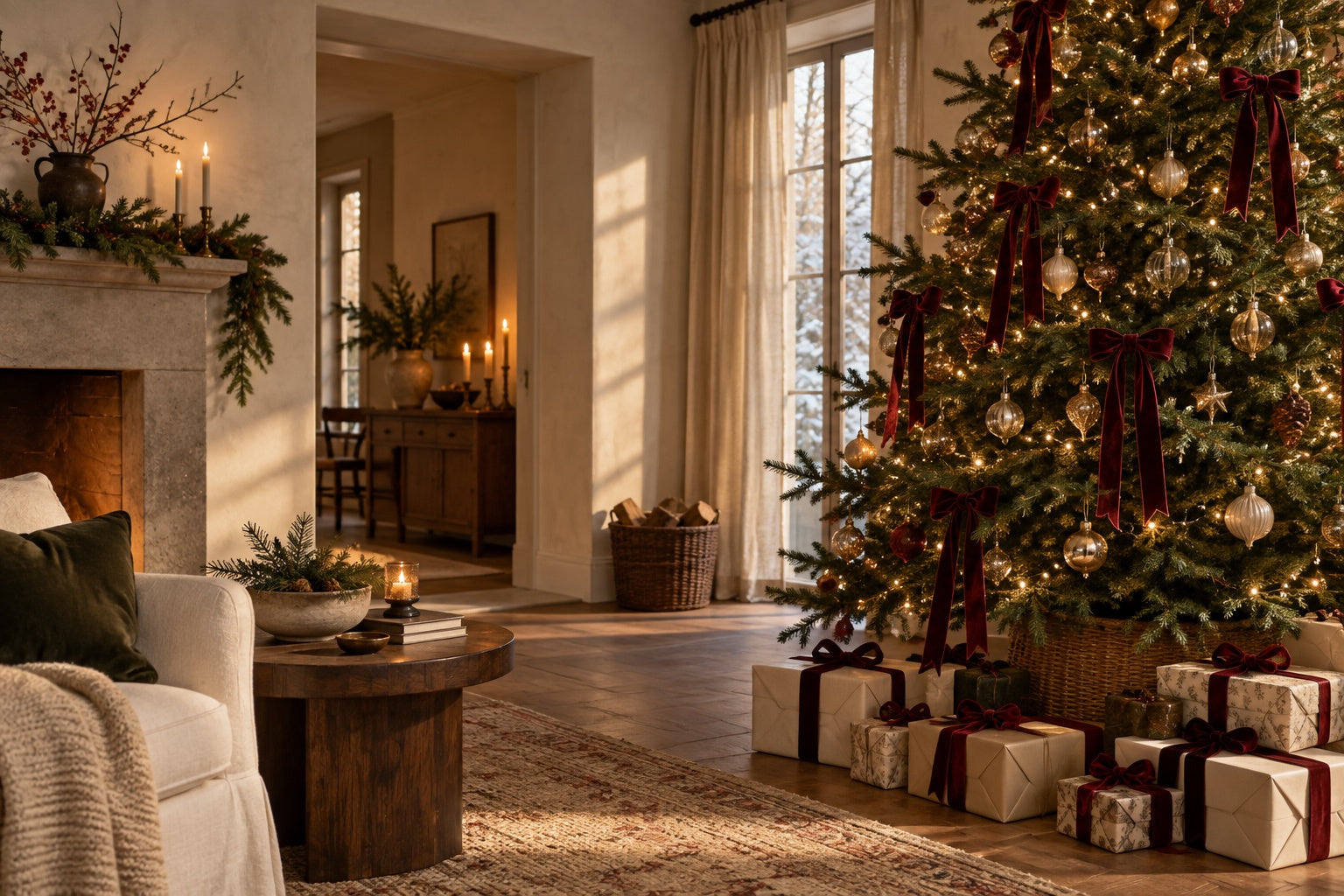 A warm Christmas interior with a ribbon-trimmed fir tree and softly wrapped gifts