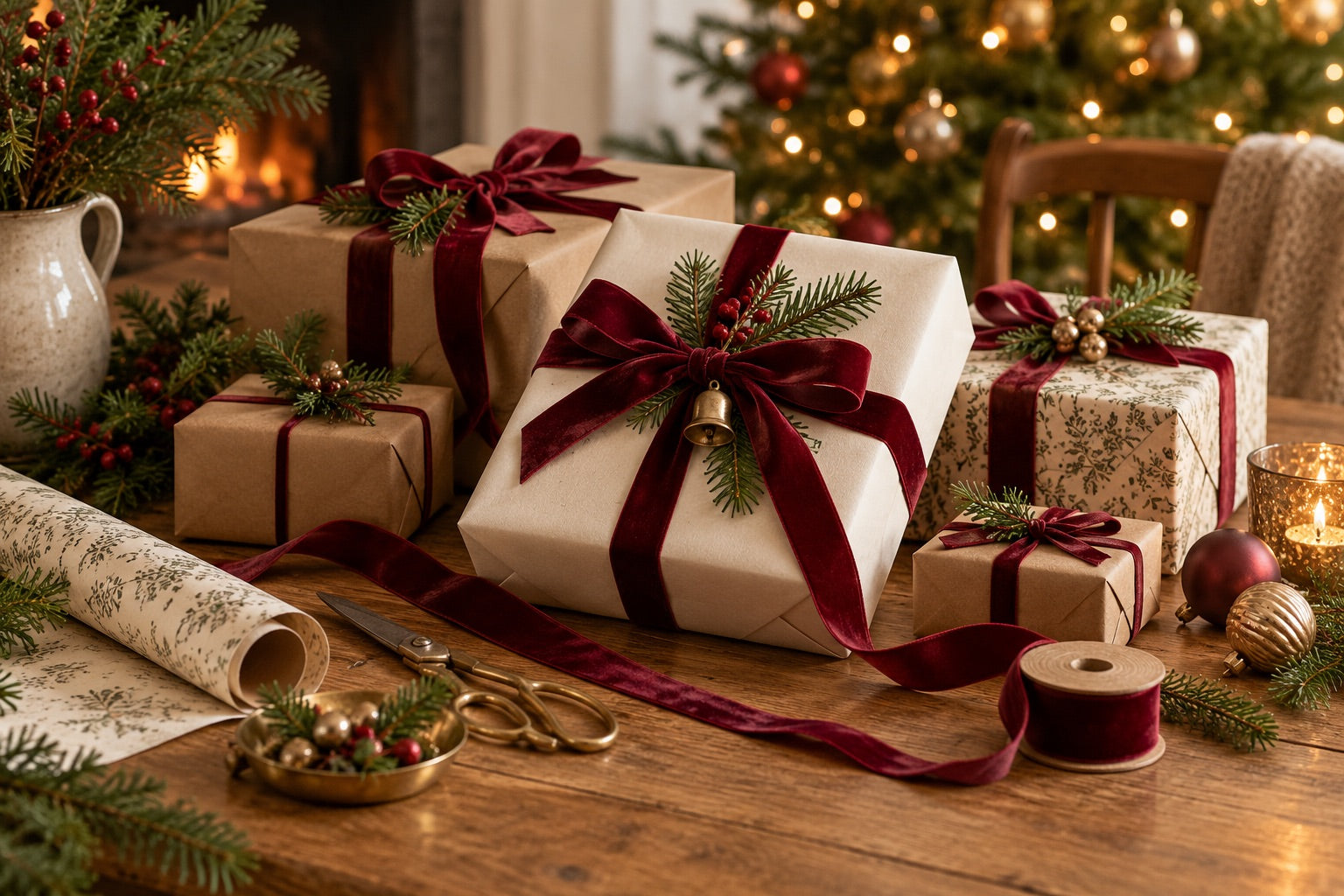 Wrapped Christmas gifts with ribbon and evergreen sprigs