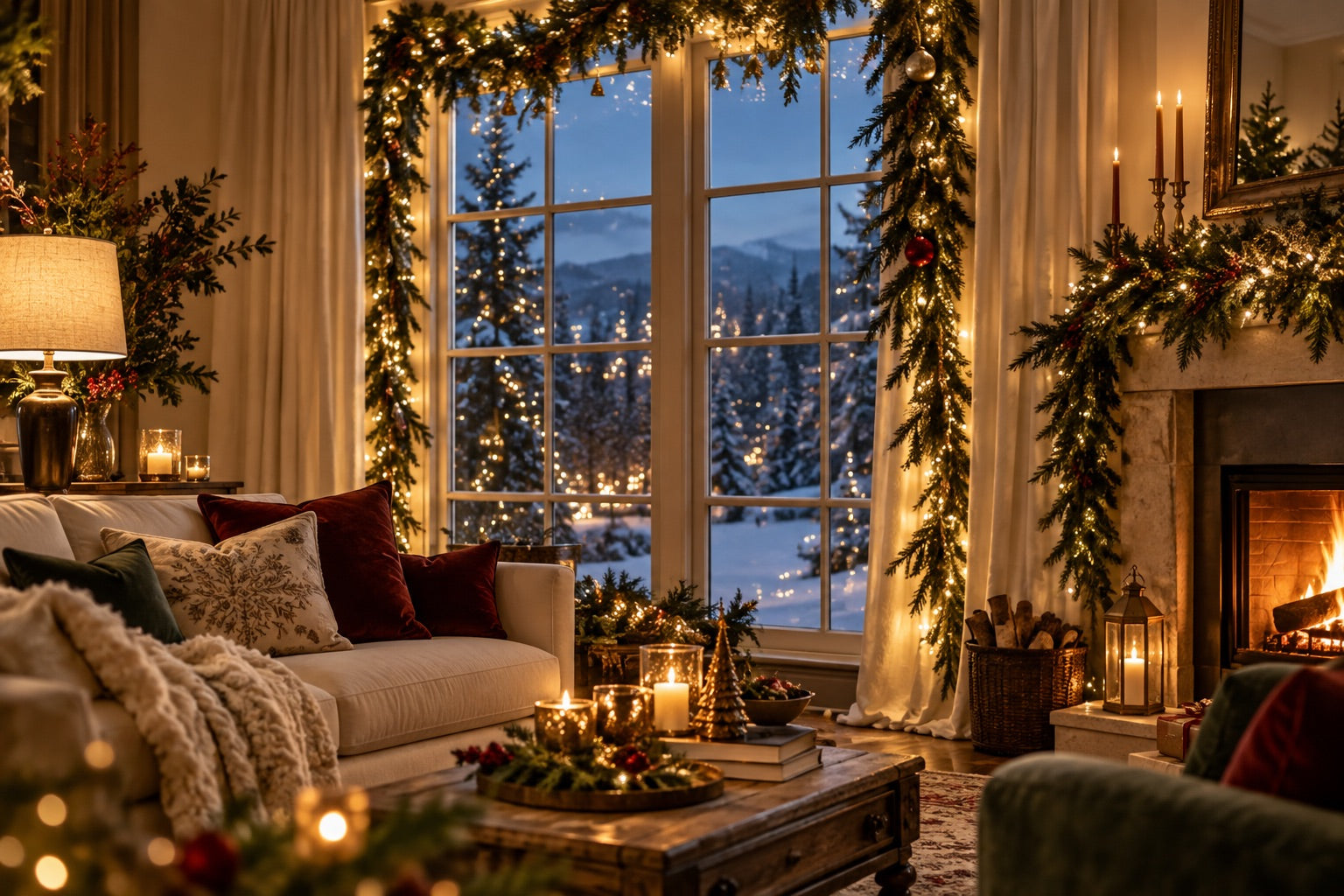 Fairy lights framing a window in a Christmas living room