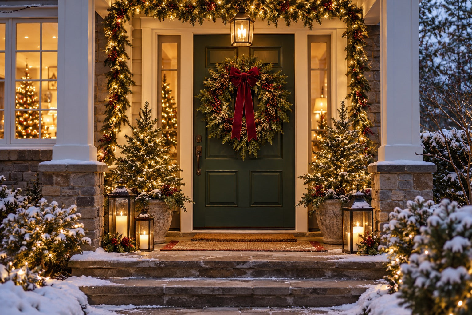 A festive porch with a wreath and warm lights