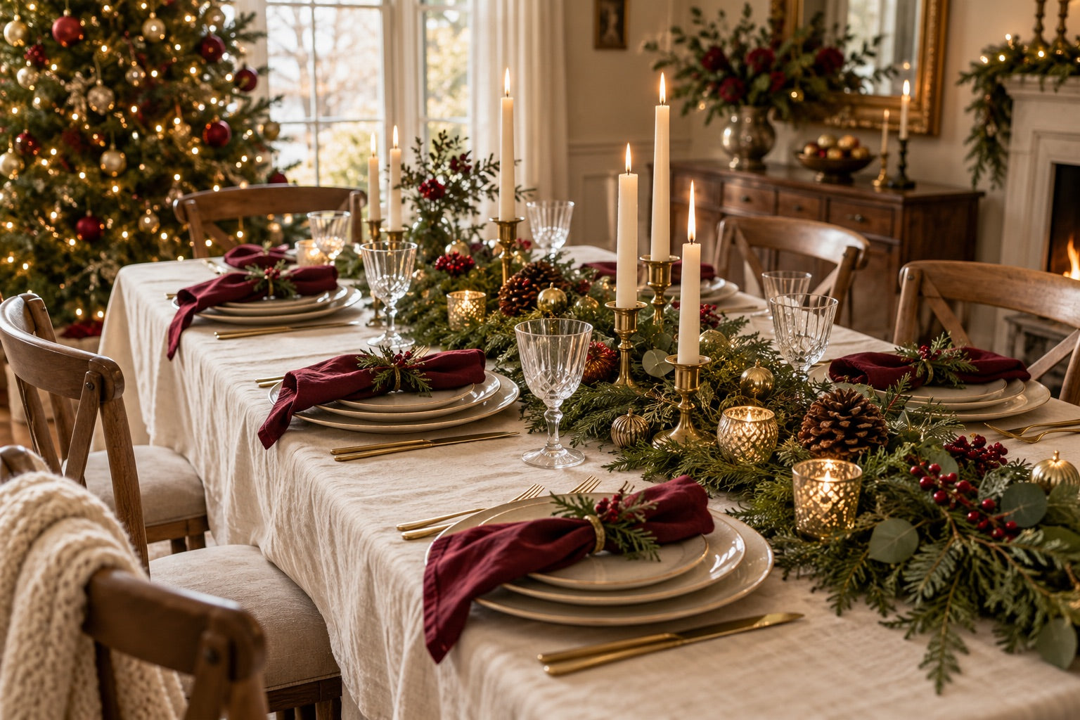 Christmas dining table with burgundy linen, greenery and warm festive lights
